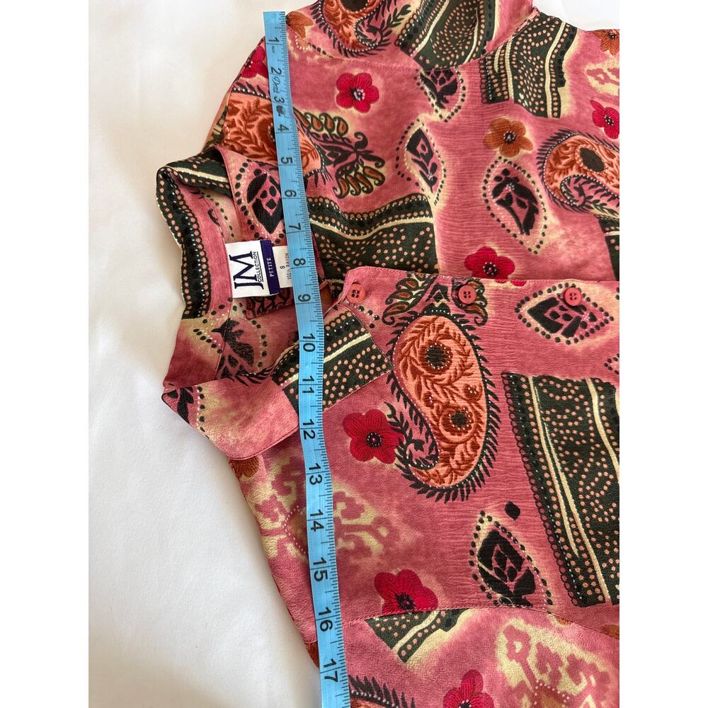 Vintage 90s Patchwork Rayon Camp Collar Blouse Boho Grandmacore Petite S - Picture 6 of 8